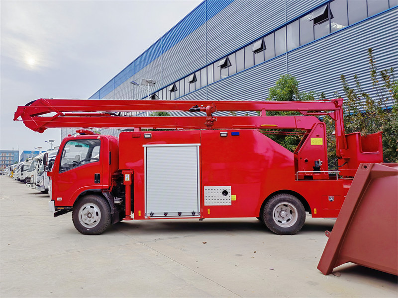 Isuzu fire truck with aerial lift bucket