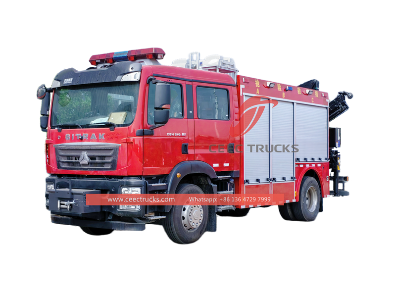 Howo fire rescue vehicle na may 5 toneladang crane at 12m emergency lighting